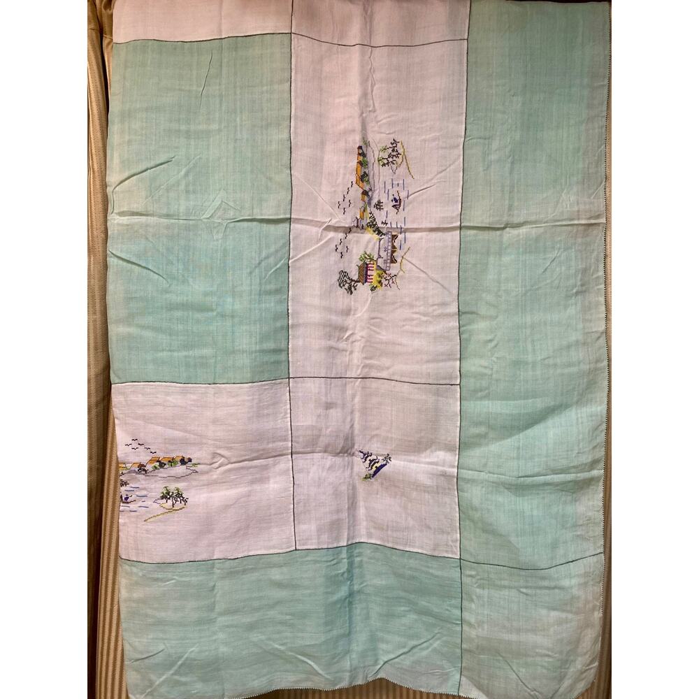 Vintage Chinese Linen Card Table Cloth Petit Embroidery Work 48x48"